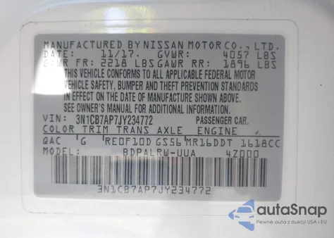 2018 Nissan Sentra Sr Turbo из США, поврежденный, VIN 3N1CB7AP7JY234772